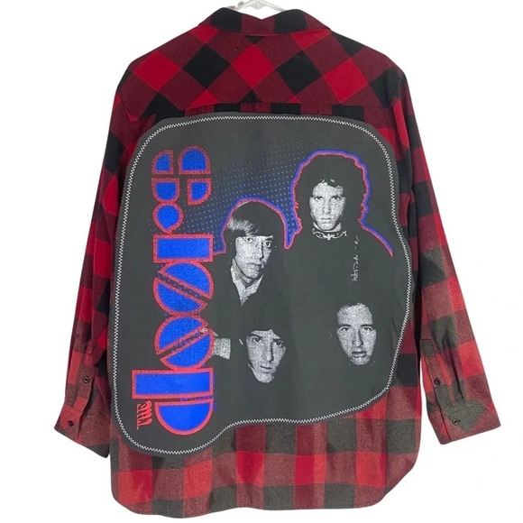 The Doors Band Flannel Shirt Mens Large - XL Unisex Bleached Buffalo Plaid Red - Picture 1 of 15
